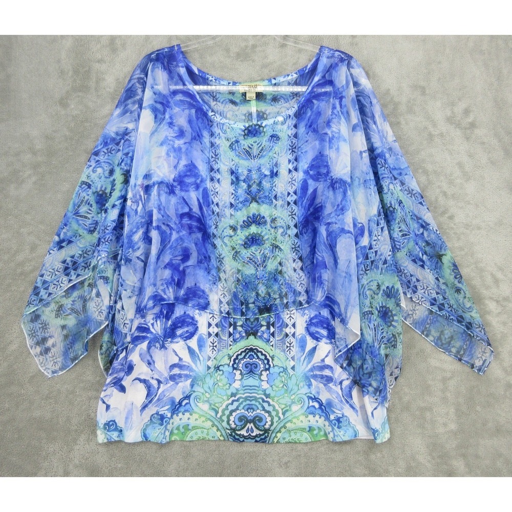 One World Top Womens 2X Blue Floral Paisley Rhinestone Sheer Overlay Boho‎ Blue